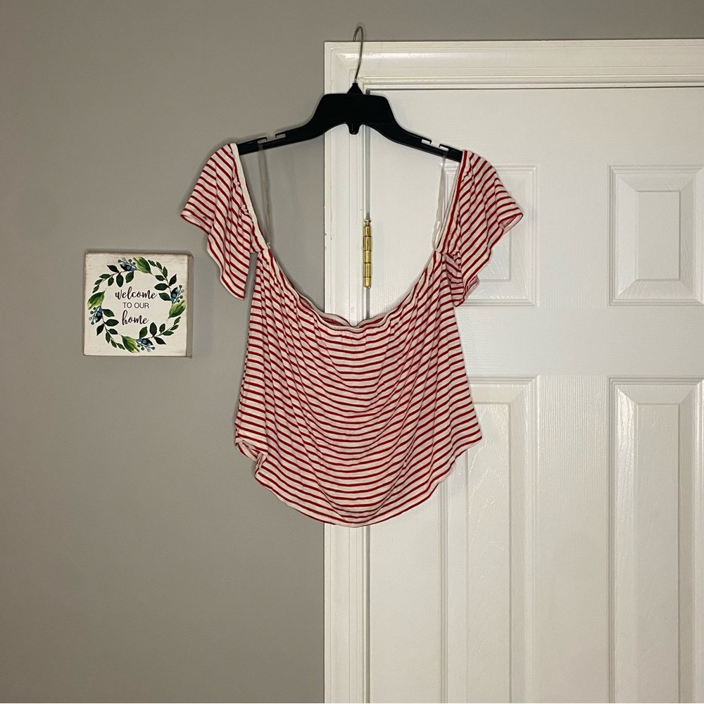 Mossimo Short Sleeve Striped Off The Shoulder Draped Crop Top Small White Red